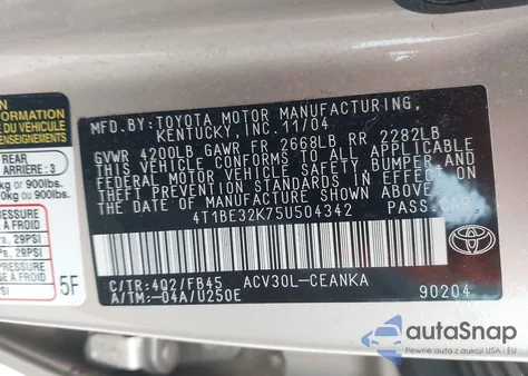 2005 Toyota Camry Le z USA, uszkodzony, nr VIN 4T1BE32K75U504342